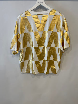 Valentino White and Metallic Gold V Printed T-Shirt Size IT 42 (UK 10)