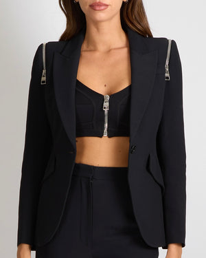Alexander McQueen Black Blazer with Silver Zipper Shoulder Details Size IT 36 (UK 4)