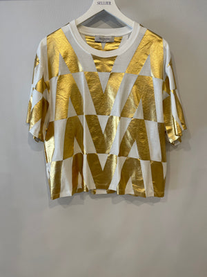 Valentino White and Metallic Gold V Printed T-Shirt Size IT 42 (UK 10)