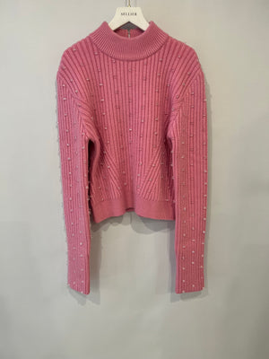 David Koma Pink Ribbed Knit Jumper with Transparent Bead Details Size L (UK 12) RRP £552