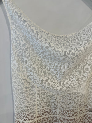 Chanel Métiers d'Art 2023 White Lace Asymmetric Midi Dress with Silver CC Logo Detail Size FR 36 (UK 8)