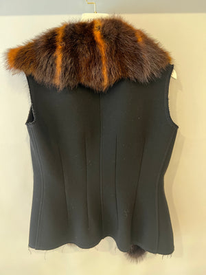 Ermanno Scervino Black Gilet with Brown Fur Trim Size IT 42 (UK 10)