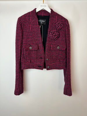 Chanel Black and Pink Tweed Cropped Collarless Jacket with Camellia Buttons and Brooch Detail Size FR 34 (UK 6)