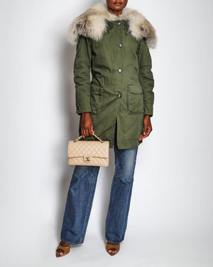 Ermanno Scervino Khaki Military Parker Jacket with Zipped Fox Fur Hood Size IT 40 (UK 8)