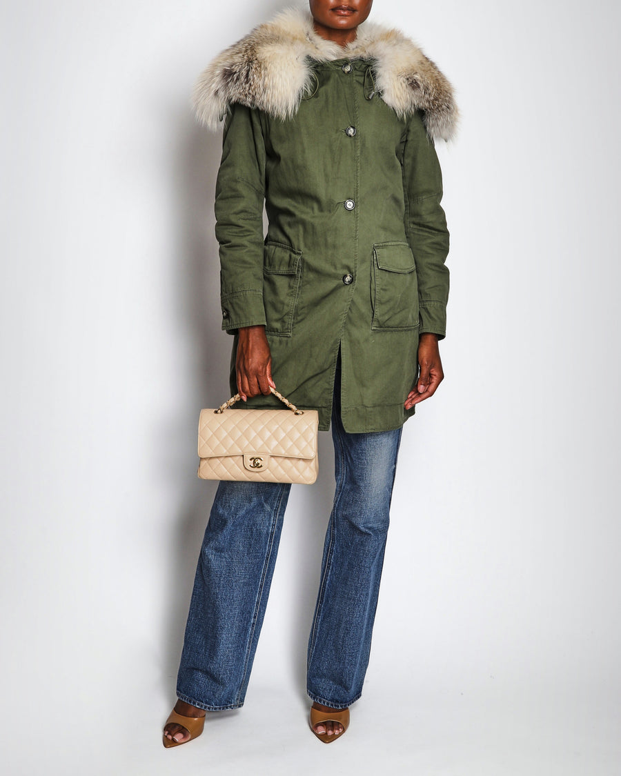 Ermanno Scervino Khaki Military Parker Jacket with Zipped Fox Fur Hood Size IT 40 (UK 8)