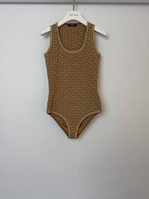 Balmain Gold Metallic Logo Print Bodysuit Size FR 36 (UK 8)