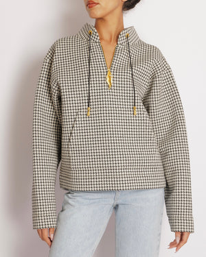 Schiaparelli Black and White Houndstooth Quarter Zip Sweater with Gold and Crystal Embellished Lip Zipper Detail Size M (UK 10)