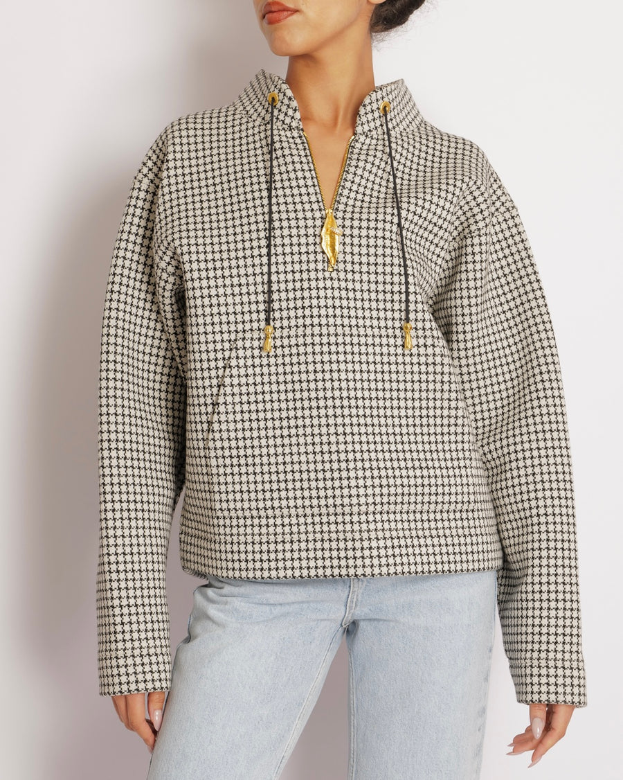 Schiaparelli Black and White Houndstooth Quarter Zip Sweater with Gold and Crystal Embellished Lip Zipper Detail Size M (UK 10)