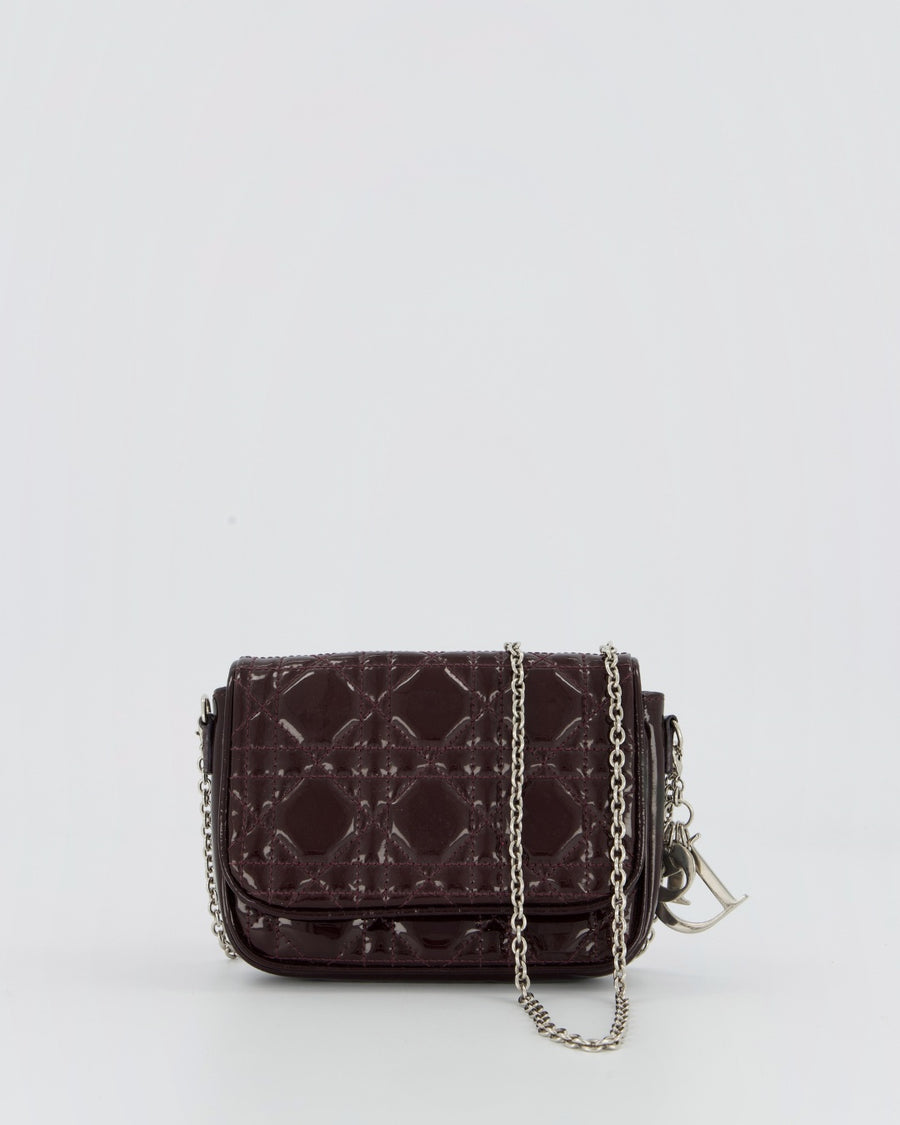 Christian Dior Dark Purple Lady Dior Wallet On Chain Bag in Patent Leather With Silver Hardware