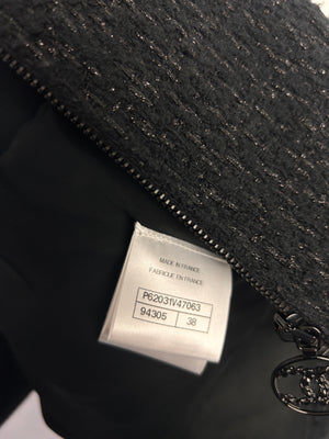 Chanel Black Collarless Long Sleeve Cropped Tweed Zip-Up Jacket Size FR 38 (UK 10)