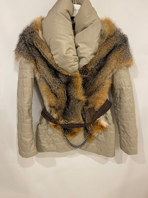 Ermanno Scervino Beige Belted Jacket with Fox Fur Collar Size IT 42 (UK 10)