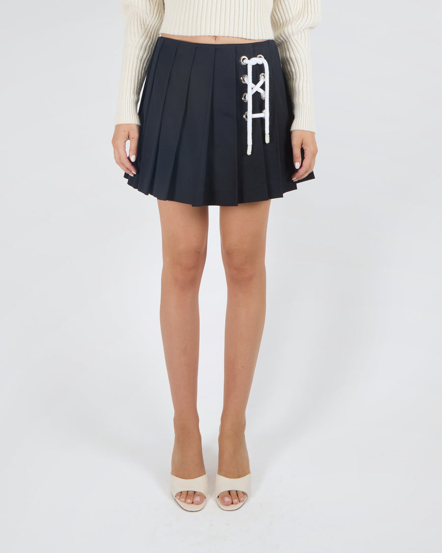 Prada Navy Pleated Drill Mini Skirt with a White Lace-Up Cord Detail Size IT 38 (UK 6) RRP £1,470