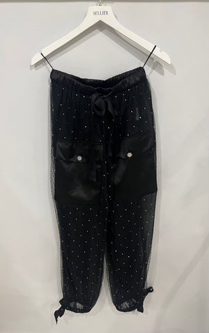 Chanel La Pausa Cruise 2019 Black Tulle Polka Dot Top and Trousers Set with Crystals and Satin Details Size FR 34 (UK 6)