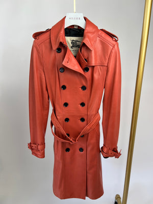 Burberry Coral Leather Belted Trench Coat Size UK 10