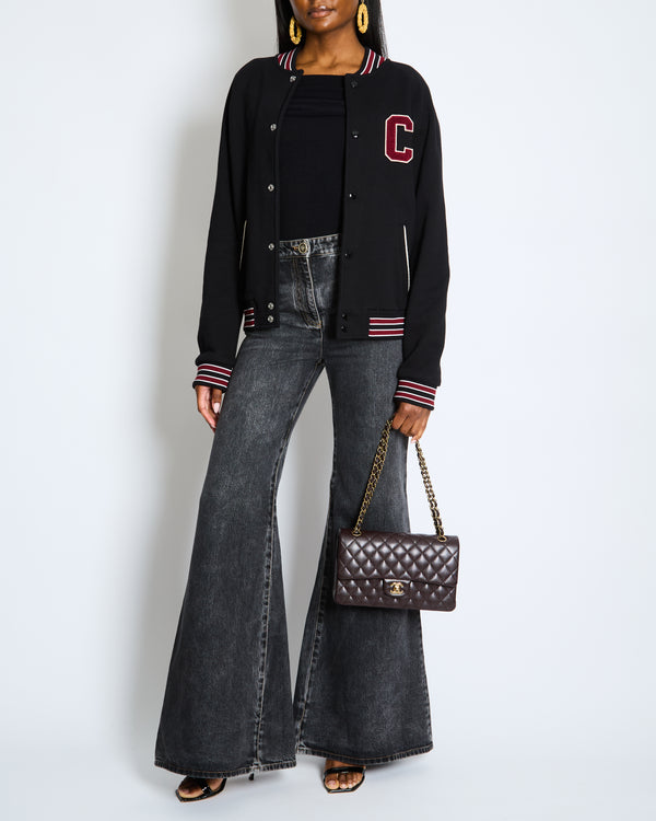 Celine Black College Jacket with Burgundy Striped Collar and Celine Paris Embroidery Detail Size S (UK 8)