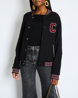 Celine Black College Jacket with Burgundy Striped Collar and Celine Paris Embroidery Detail Size S (UK 8)