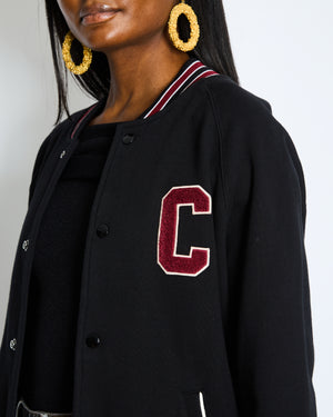 Celine Black College Jacket with Burgundy Striped Collar and Celine Paris Embroidery Detail Size S (UK 8)