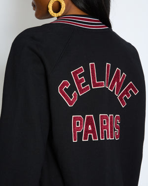Celine Black College Jacket with Burgundy Striped Collar and Celine Paris Embroidery Detail Size S (UK 8)