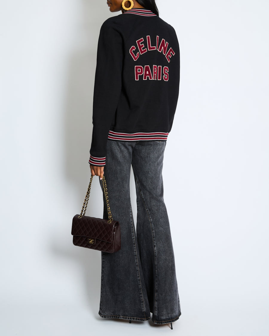 Celine Black College Jacket with Burgundy Striped Collar and Celine Paris Embroidery Detail Size S (UK 8)