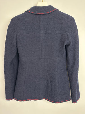 Chanel 97A Navy Wool Long Sleeve Jacket and Pencil Skirt Set with Red, Blue, Green and Yellow Neckline Applique Detail Size FR 38 (UK 10)