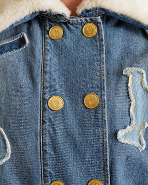 Chanel Métiers d’Art 2019 Blue Denim Jacket with Faux Fur Lining and Patchwork Details with Gold Cat CC Logo Buttons Size FR 34 (UK 6)