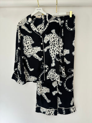 Olivia Von Halle Black & White Leopard Pattern Two-Piece Shirt and Trouser Set Size M (UK 10)