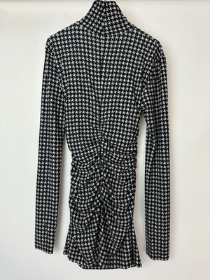 Norma Kamali Black and beige Houndstooth Ruched Long Sleeve Mini Dress Size S (UK 8)