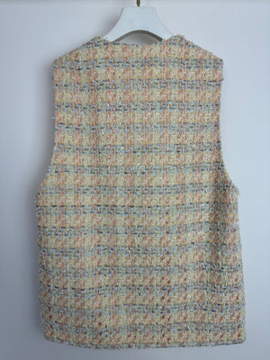 Chanel 25/P Pastel Yellow, Blue, and Pink Gilet with CC Logo Buttons Size FR 38 (UK 10)