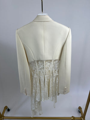 Alexander McQueen 2020 Ivory Asymmetric Wool-blend Crepe and Lace Blazer with Matching Trousers Size UK 16
