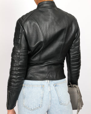 Céline Black Sheepskin Leather Jacket with Silver Zipper and Buckles Details Size FR 40 (UK 12)