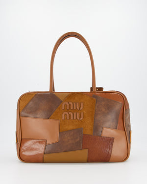 Miu Miu Cognac Brown Patchwork Beau Bag in Lambskin Leather with Mixed Material Patchwork Design and Leather Logo Lettering