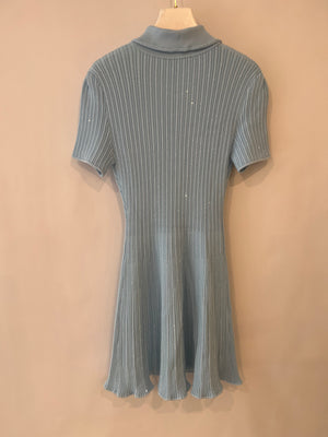 Self Portrait Baby Blue and Sequin Knitted Ribbed Mini Dress with Pearl and Crystal Embellished Buttons Size M (UK 10)