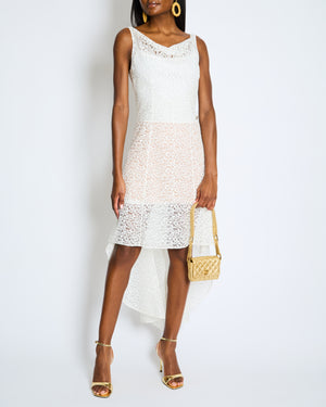Chanel Métiers d'Art 2023 White Lace Asymmetric Midi Dress with Silver CC Logo Detail Size FR 36 (UK 8)