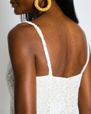 Chanel Métiers d'Art 2023 White Lace Asymmetric Midi Dress with Silver CC Logo Detail Size FR 36 (UK 8)