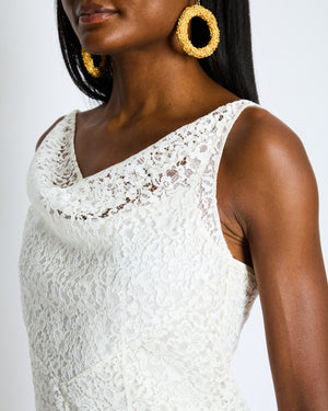 Chanel Métiers d'Art 2023 White Lace Asymmetric Midi Dress with Silver CC Logo Detail Size FR 36 (UK 8)