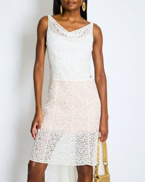 Chanel Métiers d'Art 2023 White Lace Asymmetric Midi Dress with Silver CC Logo Detail Size FR 36 (UK 8)