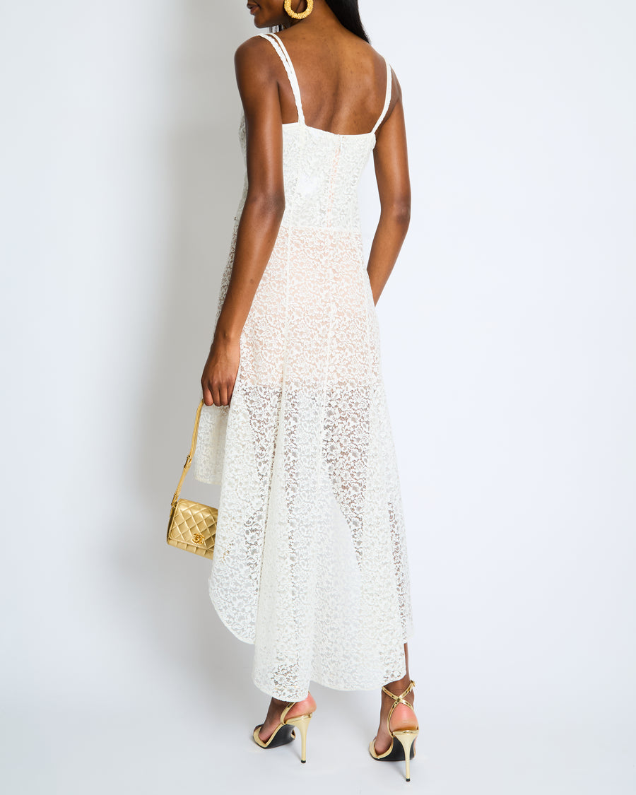 Chanel Métiers d'Art 2023 White Lace Asymmetric Midi Dress with Silver CC Logo Detail Size FR 36 (UK 8)