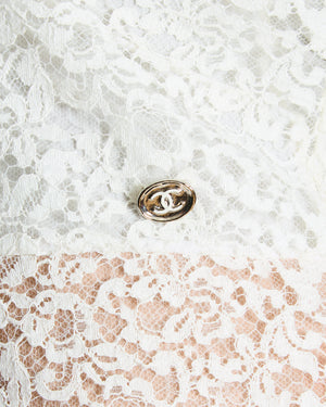 Chanel Métiers d'Art 2023 White Lace Asymmetric Midi Dress with Silver CC Logo Detail Size FR 36 (UK 8)