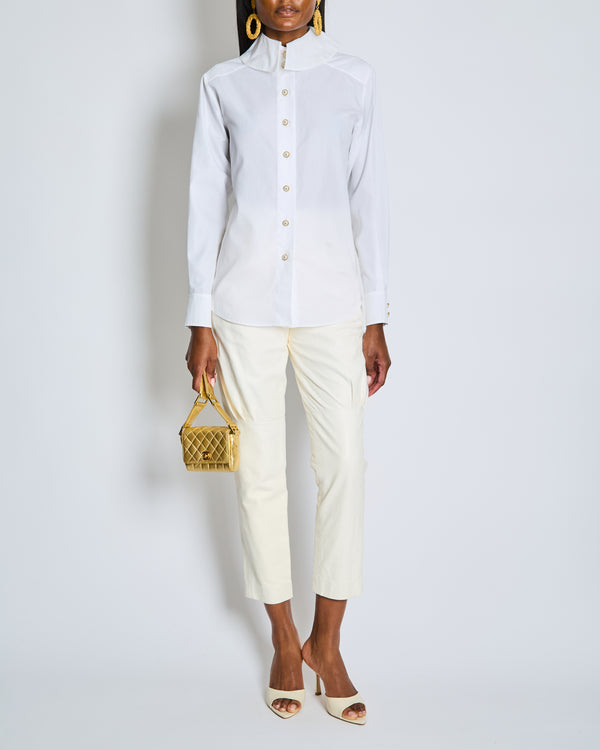 Chanel White Button Down Shirt with Gold and White CC Logo Buttons Size FR 34 (UK 6)