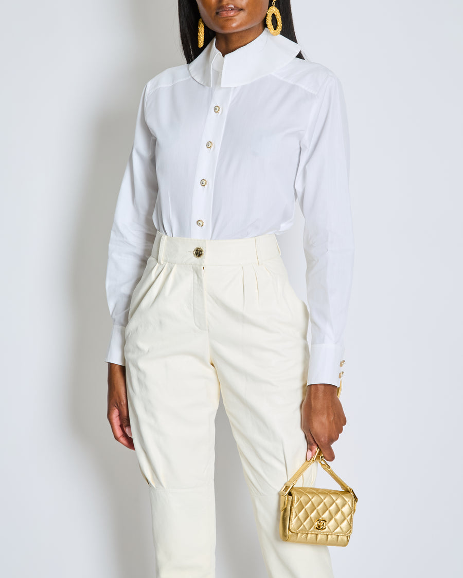 Chanel Resort 2019 La Pausa White Leather Trousers with Gold and Pearl Embellished CC Logo Button Size FR 36 (UK 8)