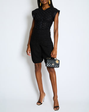 Chanel Black Tweed Shimmery Bermuda Shorts with Silver Flower Crystal Buttons Size FR 34 (UK 6)