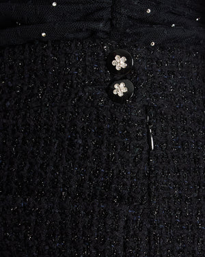 Chanel Black Tweed Shimmery Bermuda Shorts with Silver Flower Crystal Buttons Size FR 34 (UK 6)