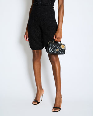 Chanel Black Tweed Shimmery Bermuda Shorts with Silver Flower Crystal Buttons Size FR 34 (UK 6)