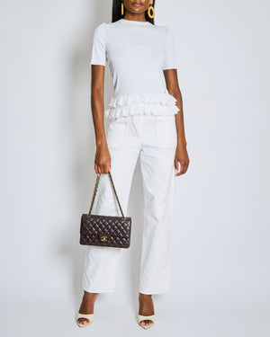 Chanel White Quilted Straight Leg Jeans with Brown Accents and Waist Ties and 31 Rue Cambon CC Logo Detail Size FR 34 (UK 6)