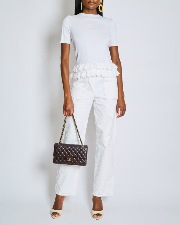 Chanel White Quilted Straight Leg Jeans with Brown Accents and Waist Ties and 31 Rue Cambon CC Logo Detail Size FR 34 (UK 6)