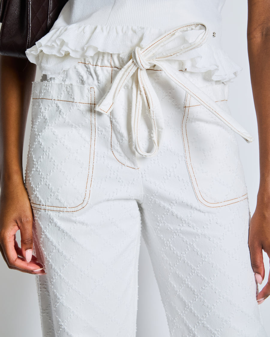 Chanel White Quilted Straight Leg Jeans with Brown Accents and Waist Ties and 31 Rue Cambon CC Logo Detail Size FR 34 (UK 6)