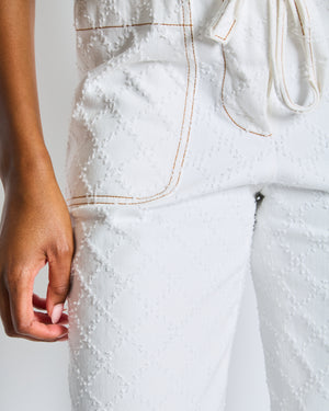 Chanel White Quilted Straight Leg Jeans with Brown Accents and Waist Ties and 31 Rue Cambon CC Logo Detail Size FR 34 (UK 6)