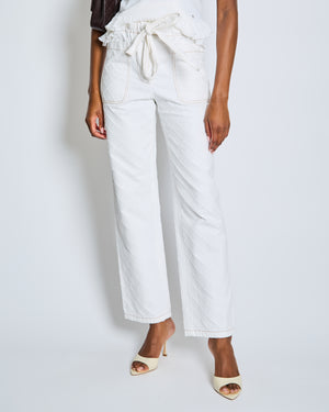 Chanel White Quilted Straight Leg Jeans with Brown Accents and Waist Ties and 31 Rue Cambon CC Logo Detail Size FR 34 (UK 6)