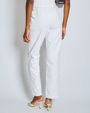 Chanel White Quilted Straight Leg Jeans with Brown Accents and Waist Ties and 31 Rue Cambon CC Logo Detail Size FR 34 (UK 6)