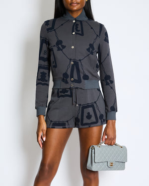 Hermès Grey Jacket and Shorts Set with Navy Lantern and Tassel Print with Silver Logo Buttons Size FR 34/40 (UK 6/12)